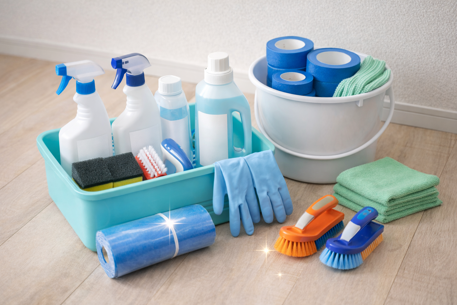 洗剤・ブラシ・養生用品など、整理された清掃道具一式