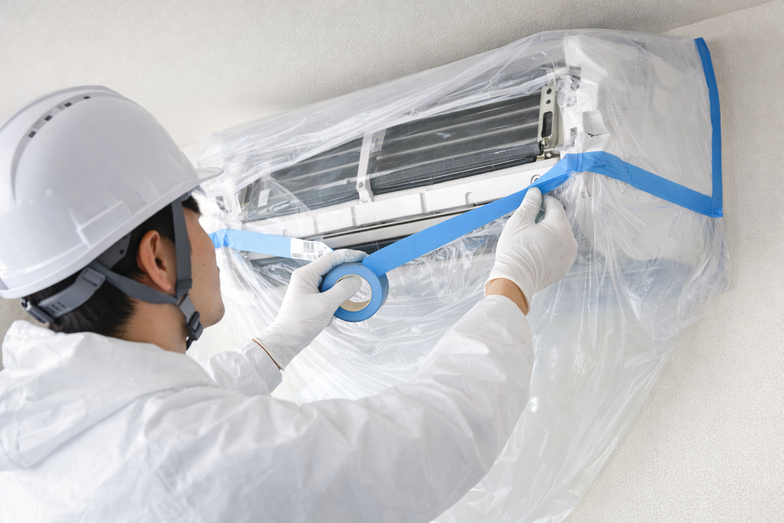 エアコンクリーニングの養生作業（ビニールで保護して清掃準備）