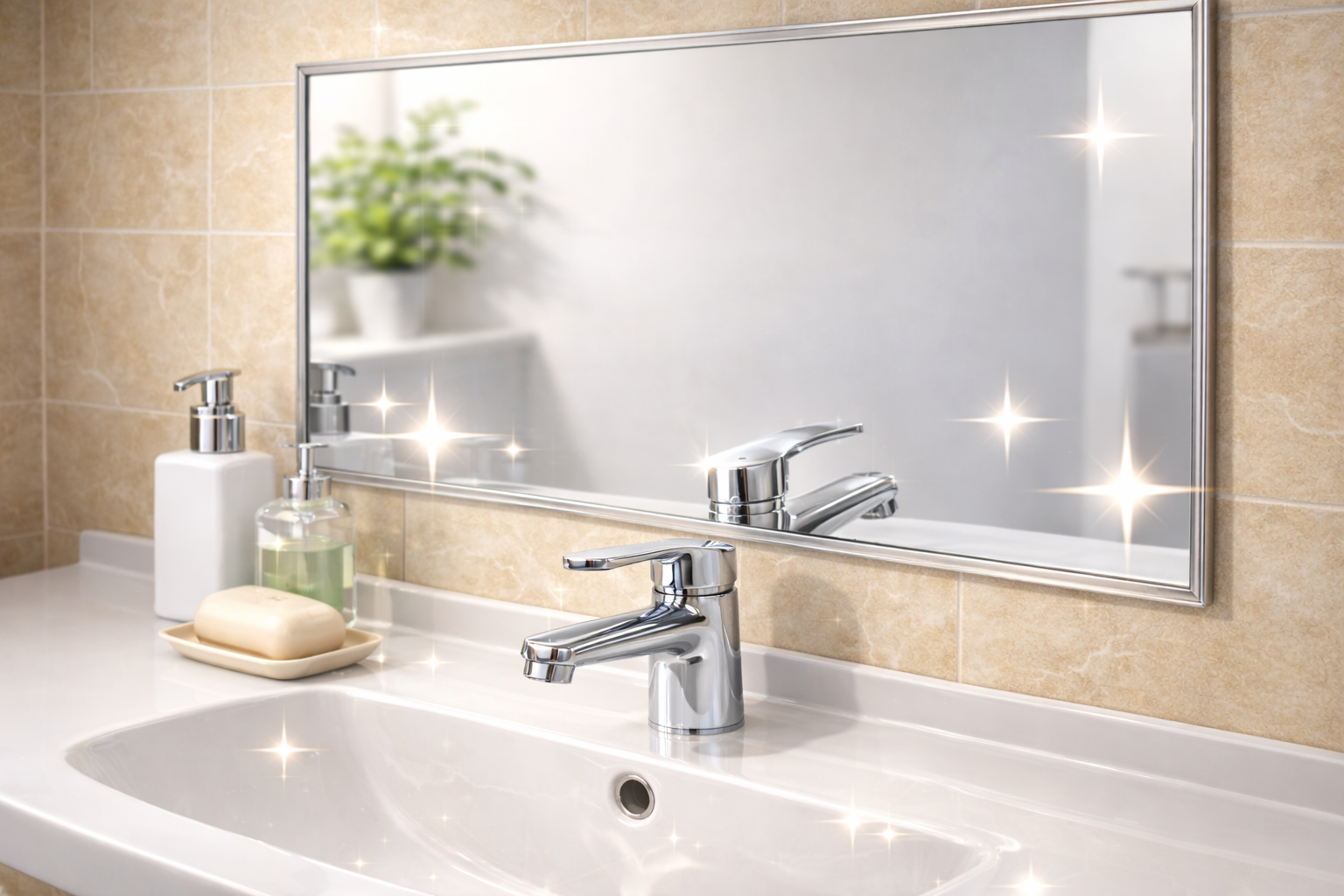 浴室の鏡と蛇口を磨き上げた仕上がり（清掃後）